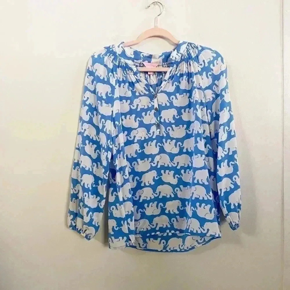 Lily‎ Pulitzer elephant printed silk blouse XS